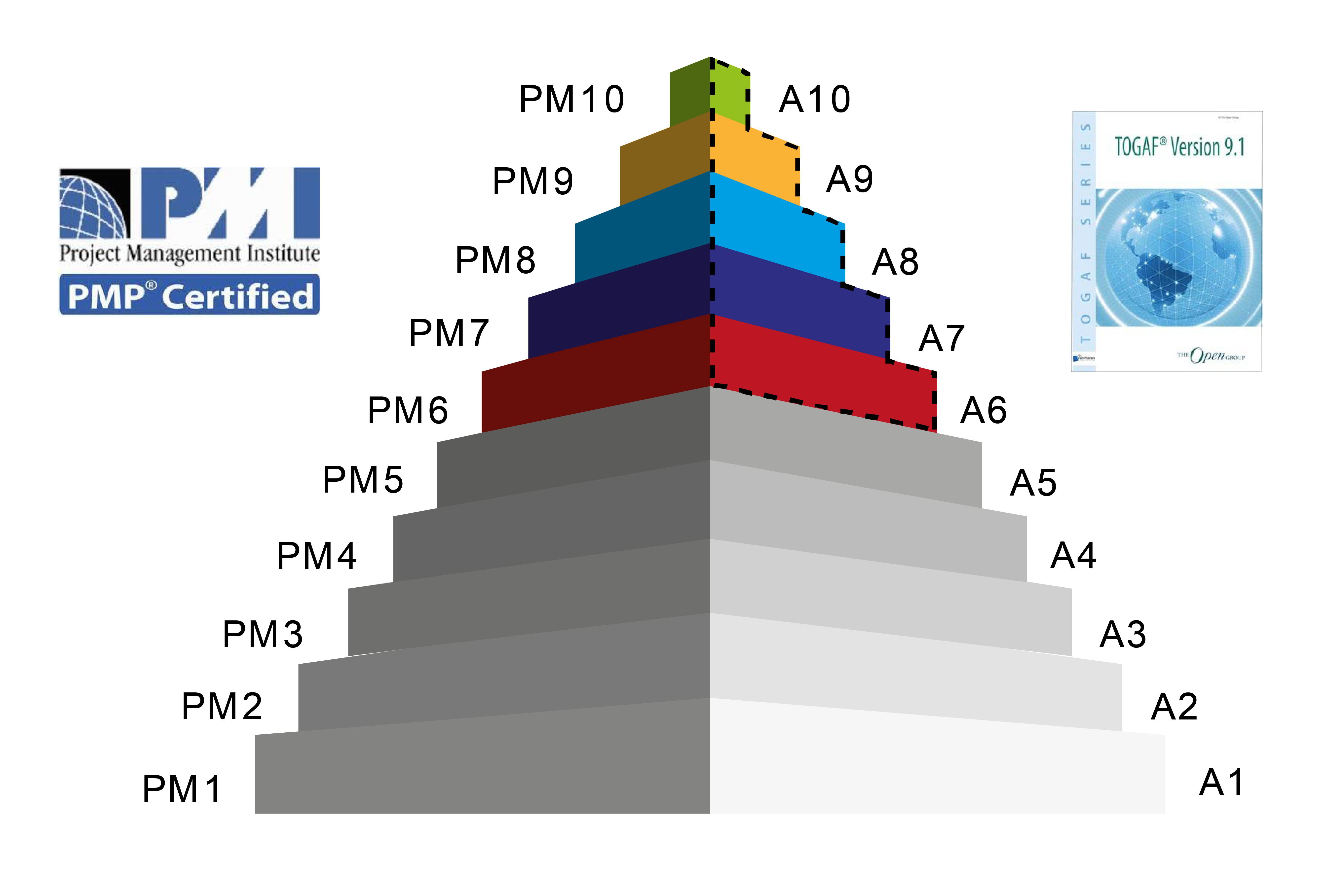A-level architect pyramid showing PM1-PM10 and A1-A10 levels, with PMI PMP and TOGAF 9.1 certifications